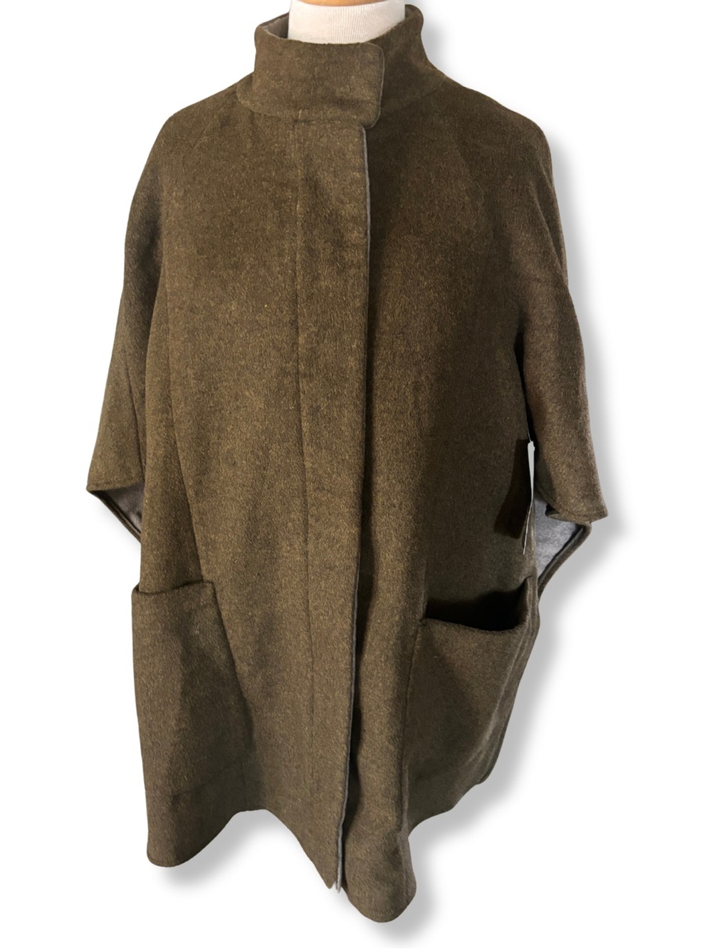 Zara Basic Collection Wool Blend Cape Coat Small Brown Olive Oversized Poncho